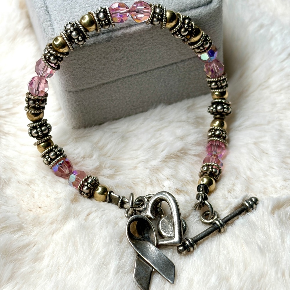 Sterling Silver 14K Yellow Gold Ball Cancer Awareness Beaded Bracelet